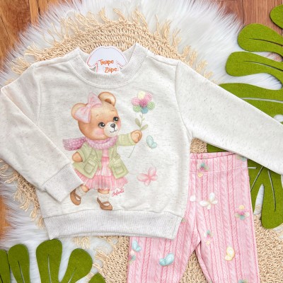 Conj. Casaco de Linha Ursinha com Flor de Crochê e Calça Legging - Areia e Rosa